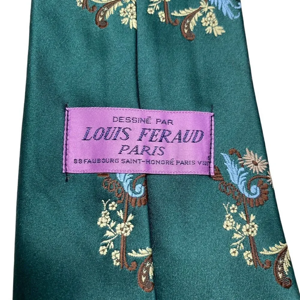 Vintage Louis Feraud Paris Men's Tie Necktie Wide Polyester Floral Green Disco